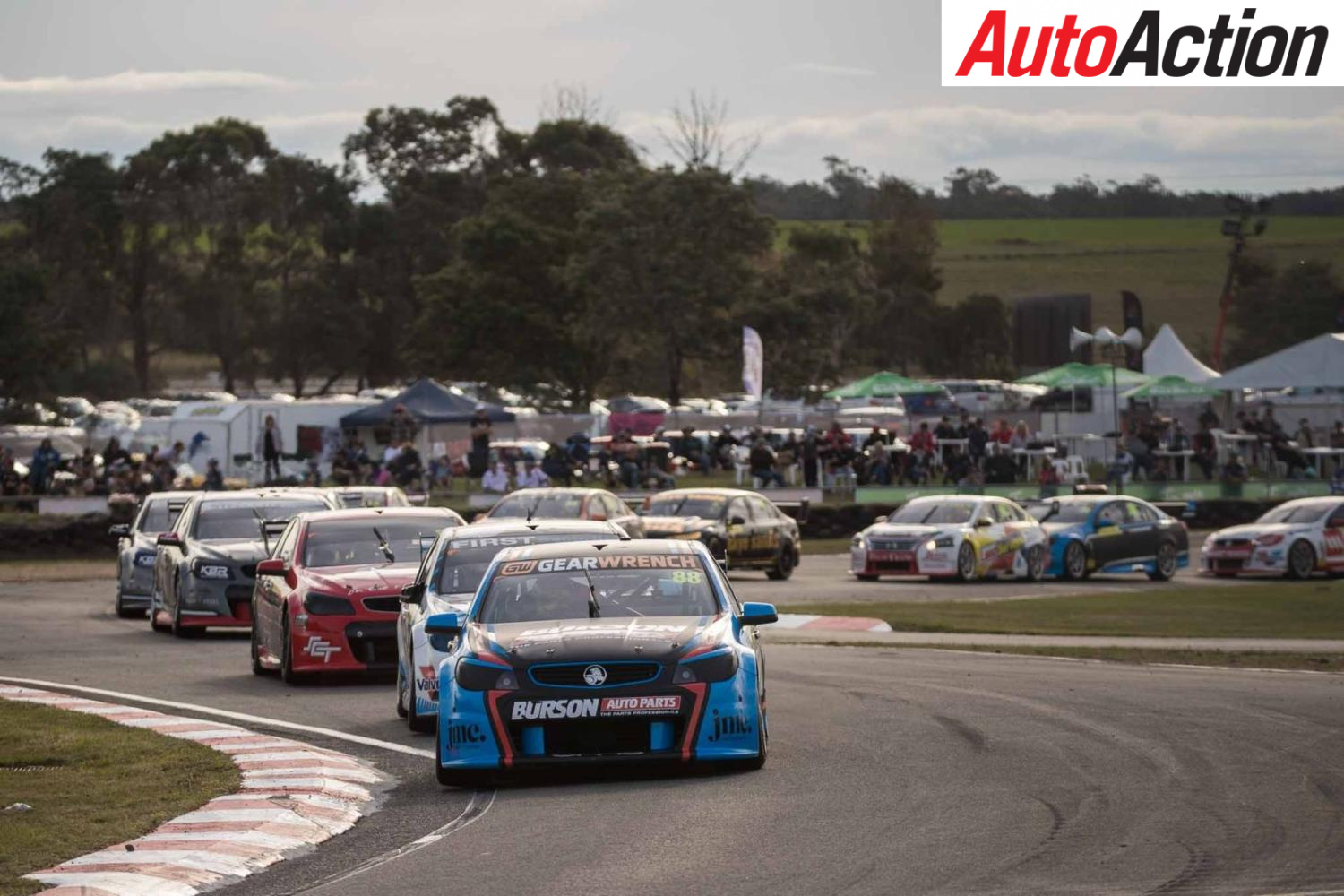 Paul Dumbrell leading the field in the opening Dunlop Super2 race at Symmons Plains - Photo: Rhys Vandersyde