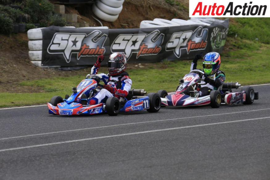 Marcos Flack (#11) won the round, while Harry Arnett (#40) won the Championship in Cadet 12 - Photo: Coopers Photography