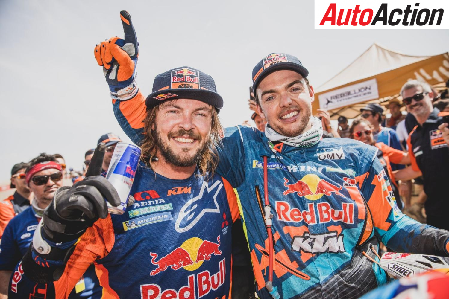Toby Price celebrating his second Dakar win with Matthias Walkner - Photo: Red Bull