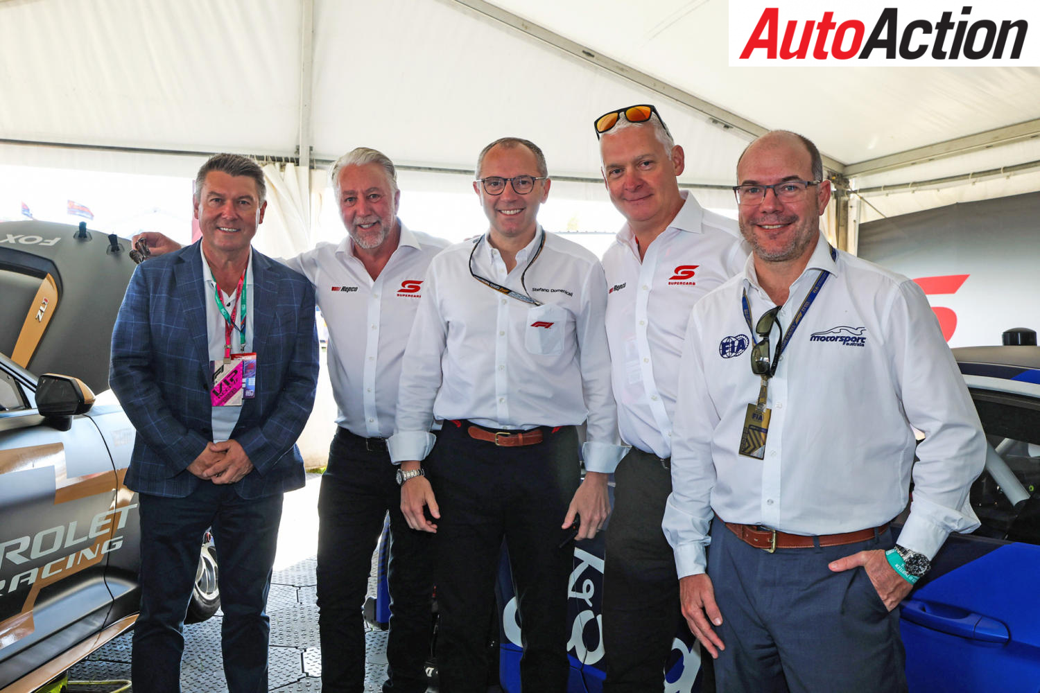 From left: Barclay Nettlefold, Supercars CEO Shane Howard, CEO of Formula One Group Stefano Domenicali, Supercars Tech Chief Adrian Burgess, and Motorsport Australia Chairman Andrew Fraser.
