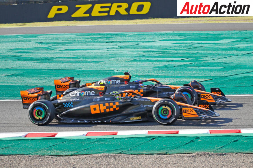 Lando Norris, McLaren MCL60, 2nd position, and Oscar Piastri, McLaren MCL60, 3rd position, drive in formation on their way to Parc Ferme during the Japanese GP at Suzuka on Sunday September 24, 2023