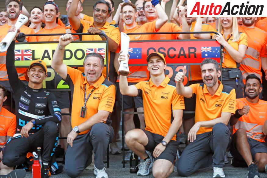 Oscar Piastri and Lando-Norris, with Zac Brown, Andrea Stella and the McLaren team Japan-Grand-Prix-2023