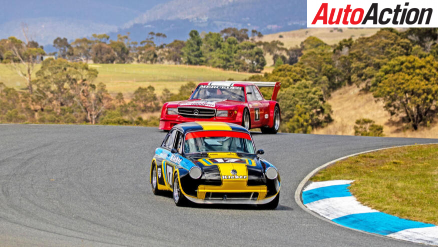 Peter Fowler driving the replica of the original Bryan Thompson Volkswagen Chev he has recreated leading another classic Sports sedan, the Bryan Thompson Mercedes 450 Chev driven here by Simon Pfitzner at Baskerville -Image by Angryman Photography