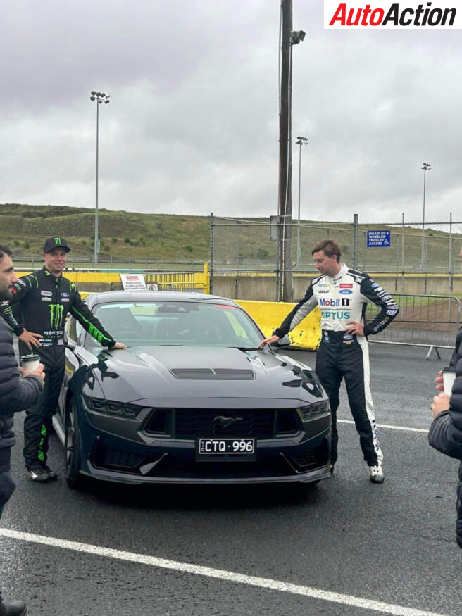 Cameron Waters and Chaz Mostert alongside a new road-going Mustang