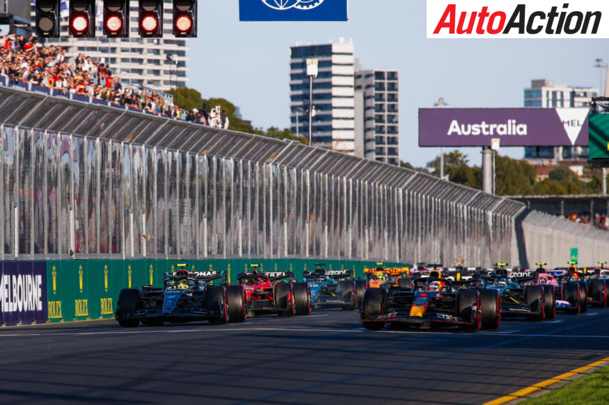 MELBOURNE GRAND PRIX CIRCUIT, AUSTRALIA - APRIL 02: Max Verstappen, Red Bull Racing RB19, and Sir Lewis Hamilton, Mercedes F1 W14, on the grid for the restart during the Australian GP at Melbourne Grand Prix Circuit on Sunday April 02, 2023 in Melbourne, Australia. (Photo by Jake Grant / LAT Images)