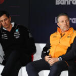 Mercedes-AMG team principal and CEO, Toto Wolff, and McLaren Racing CEO, Zak Brown, at a press conference during the 2024 Bahrain Grand Prix. Photo: MARK SUTTON / MOTORSPORT IMAGES