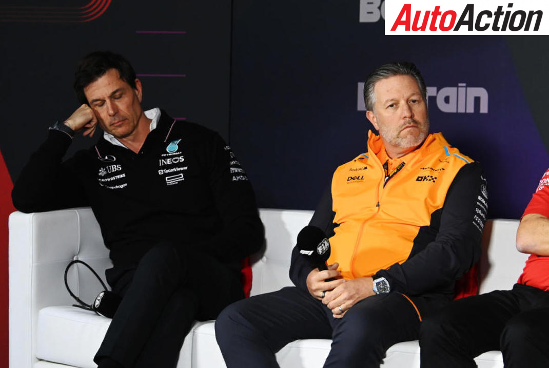 Mercedes-AMG team principal and CEO, Toto Wolff, and McLaren Racing CEO, Zak Brown, at a press conference during the 2024 Bahrain Grand Prix. Photo: MARK SUTTON / MOTORSPORT IMAGES