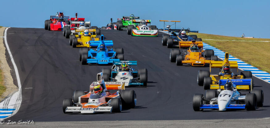 Kiwi F5000 driver Codie Banks leads the field toward another race win at Phillip Island’s festival of motorsport. Image: Ian Smith