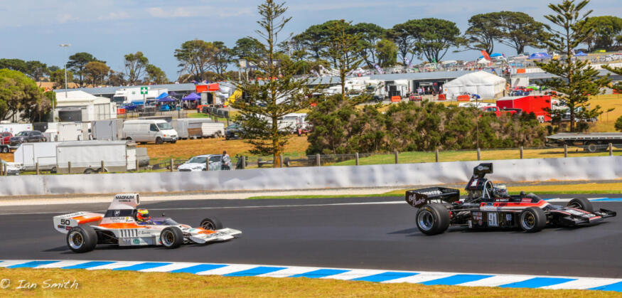 The only time Codie Banks had a car in front during the weekend’s racing was when dad David out-drag raced him to turn one in the Formula 5000 GP. Image: IAN SMITH