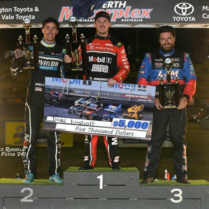 Dayne Kingshott has won the 14th Maddington Toyota '23-'24 Sprintcar Series round, with Callum Williamson and Brad Maiolo in second and third. Image BRUCE RUSSELL