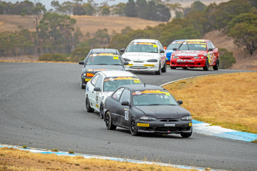 Jackson Shaw leads Jeremy Bennett and Oliver Wickham at Race Tasmania round one in Baskerville, 10 March. Image: ANGRY MAN PHOTOGRAPHY