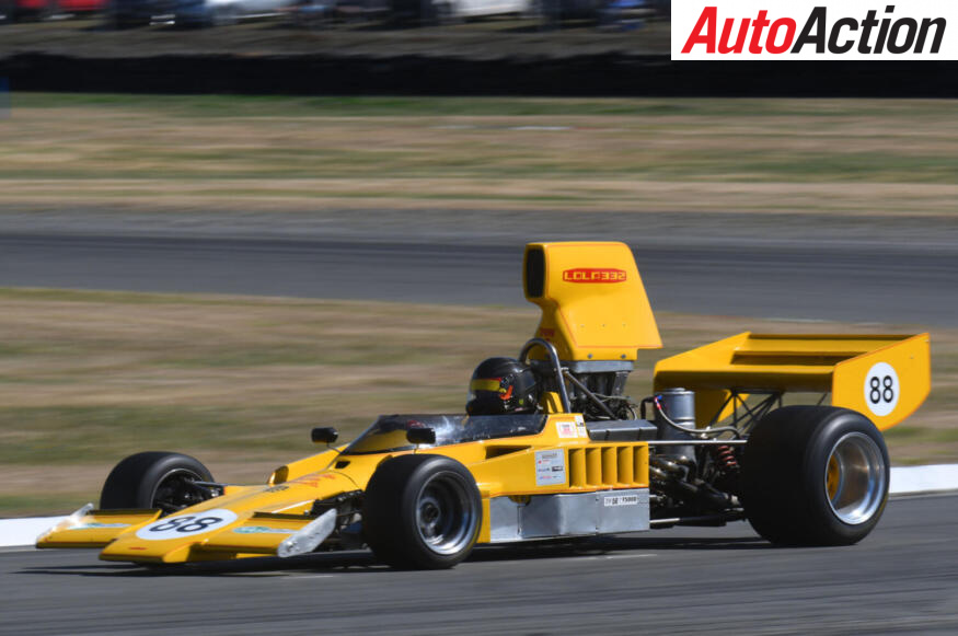 Tony Galbraith drives the Yellow Lola T332 at the Skope Classic in Ruapuna, New Zealand. Image: EUAN CAMERON