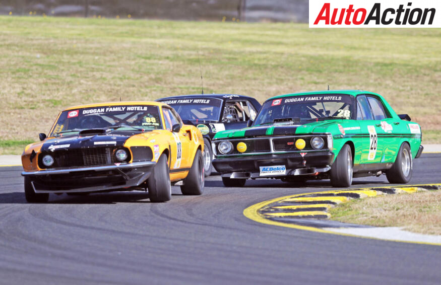 Ford Mustangs and Ford Falcons battle hard in the Touring Car Masters Race at Sydney Motorsport-Image James Smith