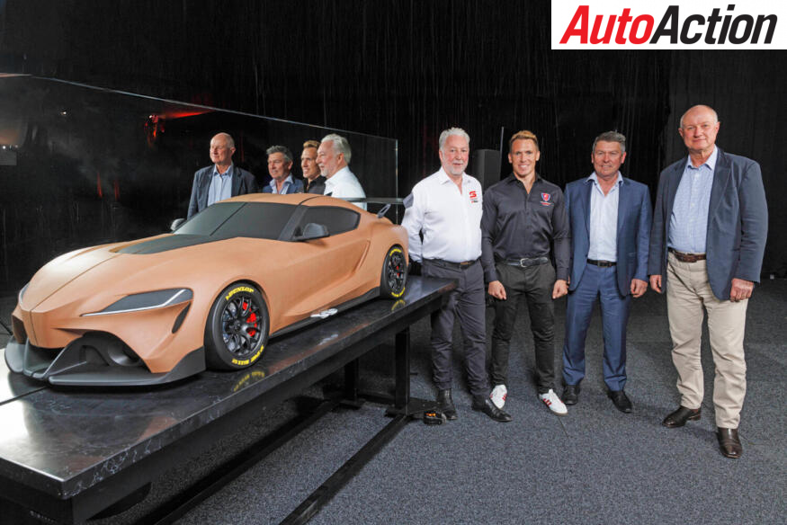 Toyota has announced it will enter the Supercars Championship with the GR Supra from 2026 (l-r) Repco Supercars Championship CEO, Shane Howard; Walkinshaw Andretti United Director, Ryan Walkinshaw; Chairman of RACE, Barclay Nettlefold; Toyota Vice President Sales, Marketing and Franchise Operations, Sean Hanley.