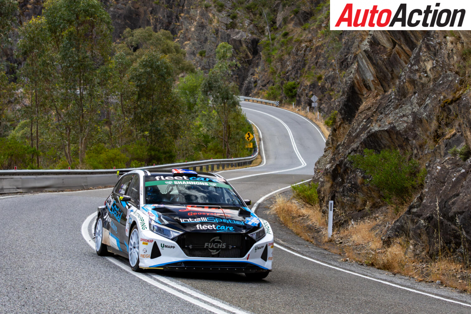 Alex Rullo and Steve Glenney in their Hyundai i20n Rally 2 lead the Adelaide Rally