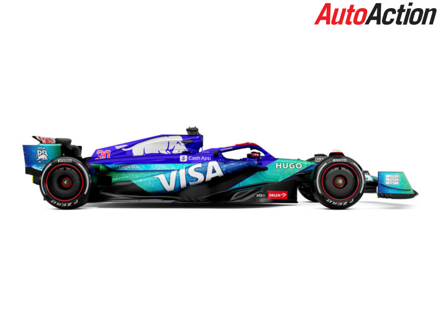A side-on view of the digital render of the new livery for Las Vegas GP for the VISA Cash App RB Formula 1 team // Getty Images / Red Bull Content Pool // SI202411200154 // Usage for editorial use only //