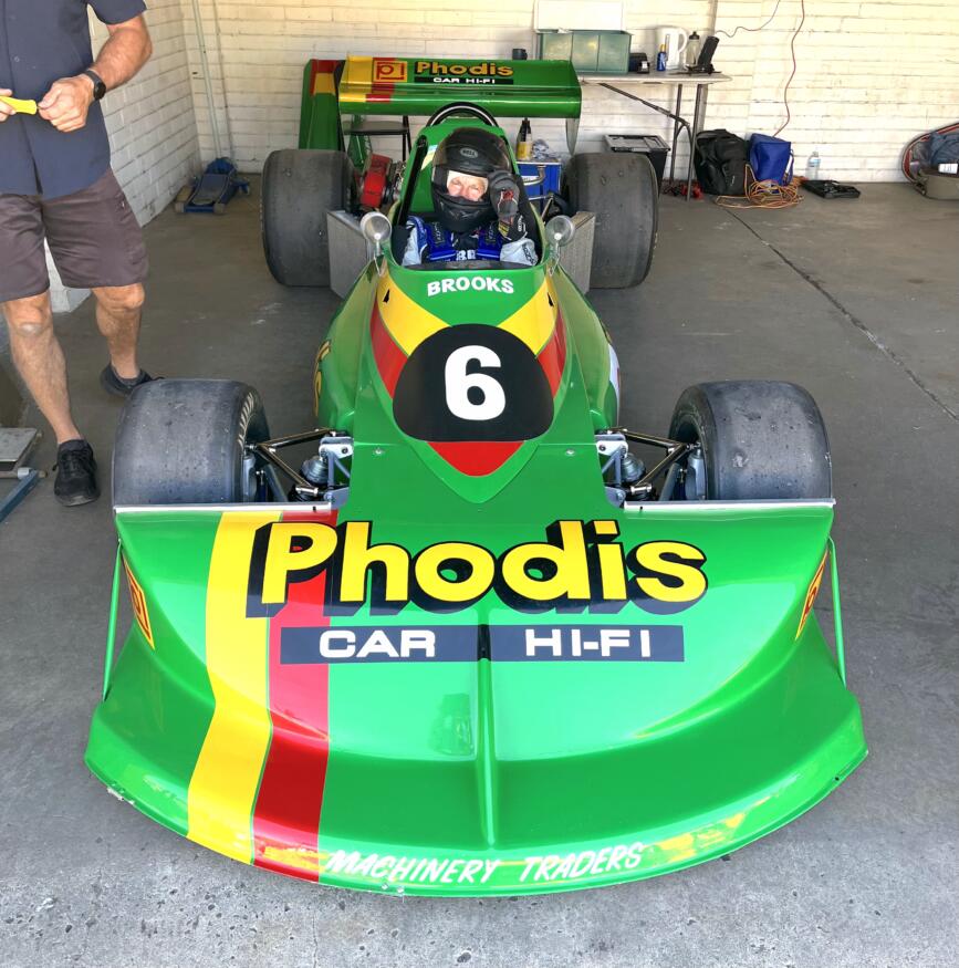 Andrew Miedecke aboard the March 76B Ford for a brief shakedown at Calder Park. Image Mike Borland-Spectrum Cars