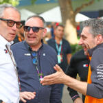 Stefano Domenicali, CEO of the Formula One Group talks with Andrea Stella, Team Principal of McLaren during practice ahead of the F1 Grand Prix of Australia at Albert Park Grand Prix Circuit on March 14, 2025 in Melbourne, Australia.