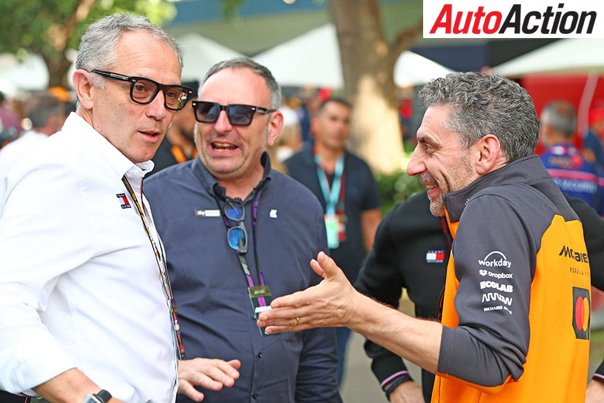 Stefano Domenicali, CEO of the Formula One Group talks with Andrea Stella, Team Principal of McLaren during practice ahead of the F1 Grand Prix of Australia at Albert Park Grand Prix Circuit on March 14, 2025 in Melbourne, Australia.