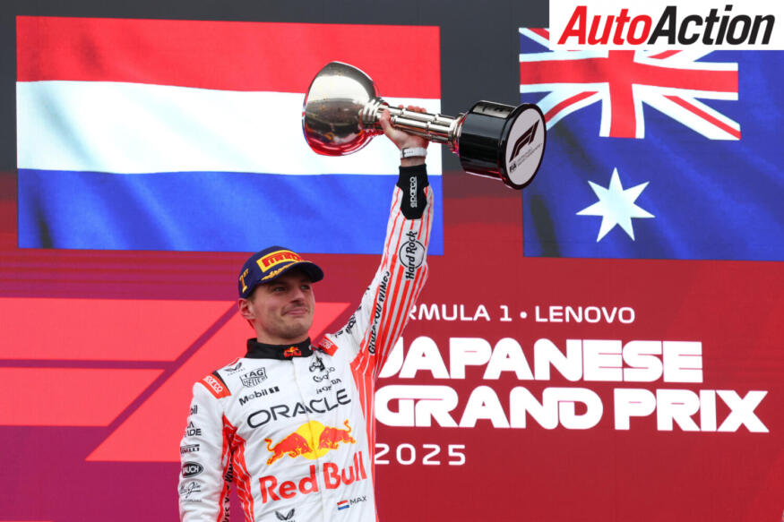 SUZUKA, JAPAN - APRIL 06: Race winner Max Verstappen of the Netherlands and Oracle Red Bull Racing lifts his trophy on the podium during the F1 Grand Prix of Japan at Suzuka Circuit on April 06, 2025 in Suzuka, Japan.