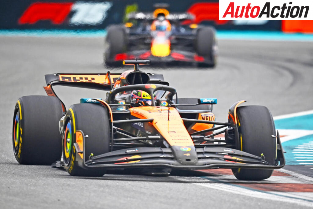 Oscar Piastri driving the McLaren MCL39 Mercedes on on his way to a win in the F1 Grand Prix of Miami