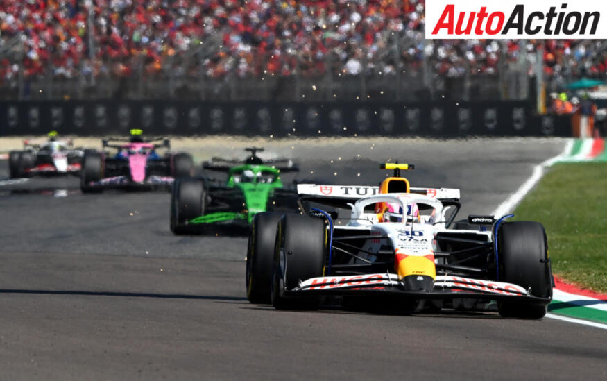 Liam Lawson, Visa Cash App Racing Bulls, leads Nico Hulkenberg and Franco Colapinto on track during the 2025 F1 Emilia-Romagna Grand Prix.
