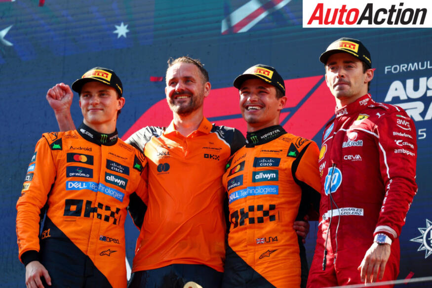 Oscar Piastri, Lando Norris, McLaren, and Charles Leclerc, Scuderia Ferrari, share the podium at the 2025 F1 Austrian Grand Prix.