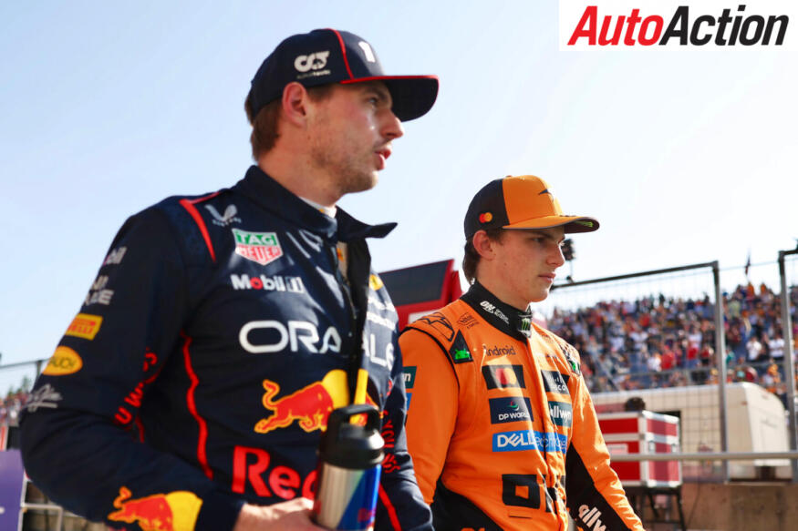 Second placed qualifier Max Verstappen, Oracle Red Bull Racing, and Third placed qualifier Oscar Piastri, McLaren, talk in parc ferme after qualifying at the 2025 F1 Canadian Grand Prix.