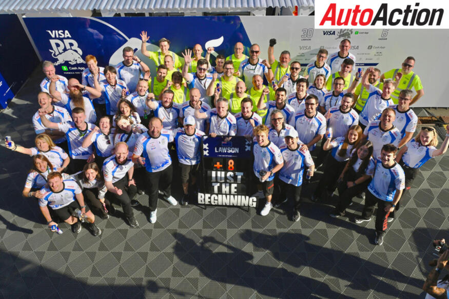 Twelfth placed Isack Hadjar and sixth placed Liam Lawson, Visa Cash App Racing Bulls, and the Visa Cash App Racing Bulls team celebrate after the 2025 F1 Austrian Grand Prix.
