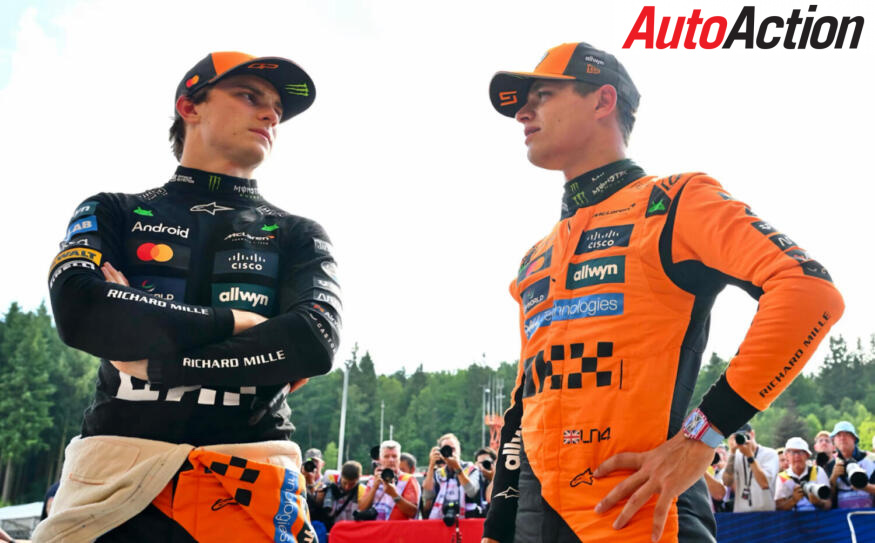 Oscar Piastri and Lanco Norris, McLaren, talk after qualifying 1-2 at the 2025 F1 Belgian Grand Prix. Image: Mark Sutton - Formula 1/Formula 1 via Getty Images.