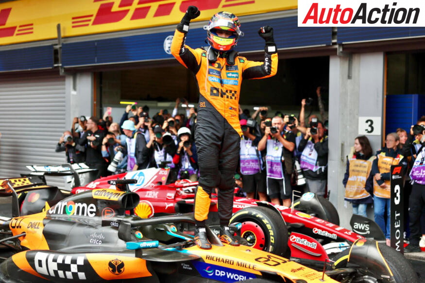 Oscar Piastri, McLaren, celebrates victory after the 2025 F1 Belgian Grand Prix.