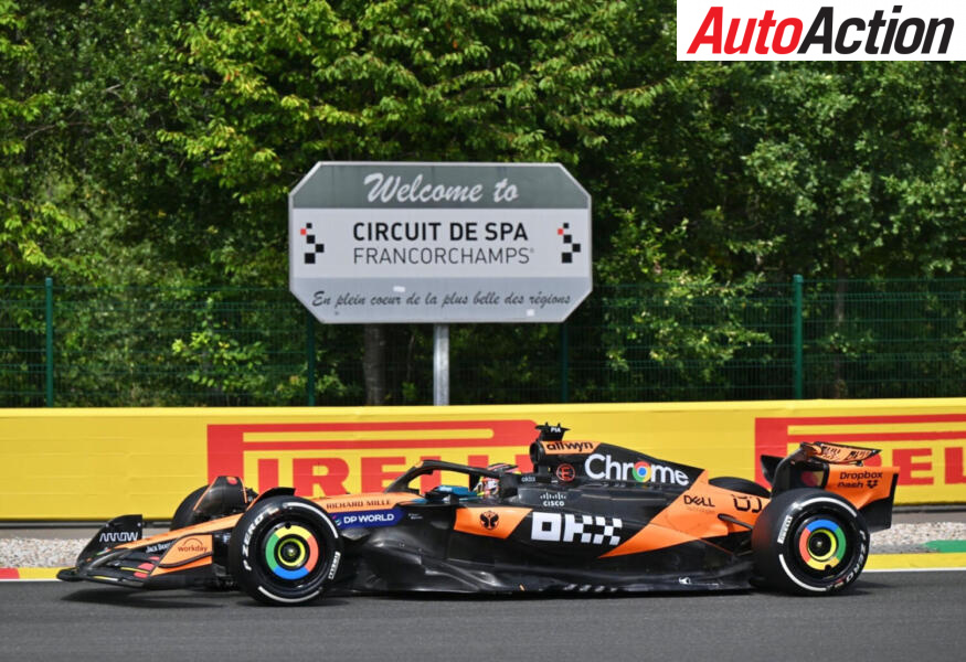 Oscar Piastri, McLaren, driving on track during FP1 at the 2025 F1 Belgian Grand Prix. Image: McLaren.