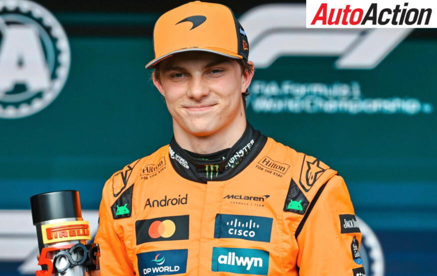 Oscar Piastri, McLaren, celebrates Sprint pole after Sprint Qualifying at the 2025 F1 Belgian Grand Prix.