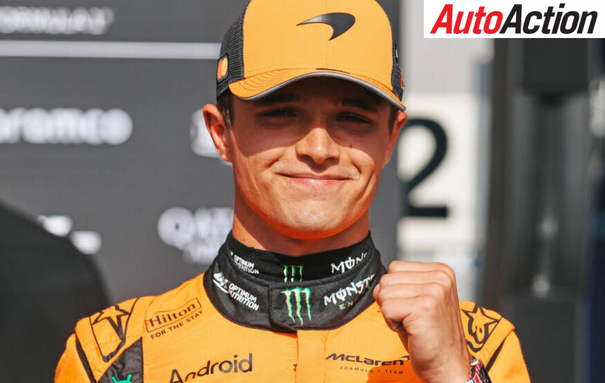 Lando Norris, McLaren, celebrates pole position in parc fermé after Qualifying at the 2025 F1 Belgian GP.