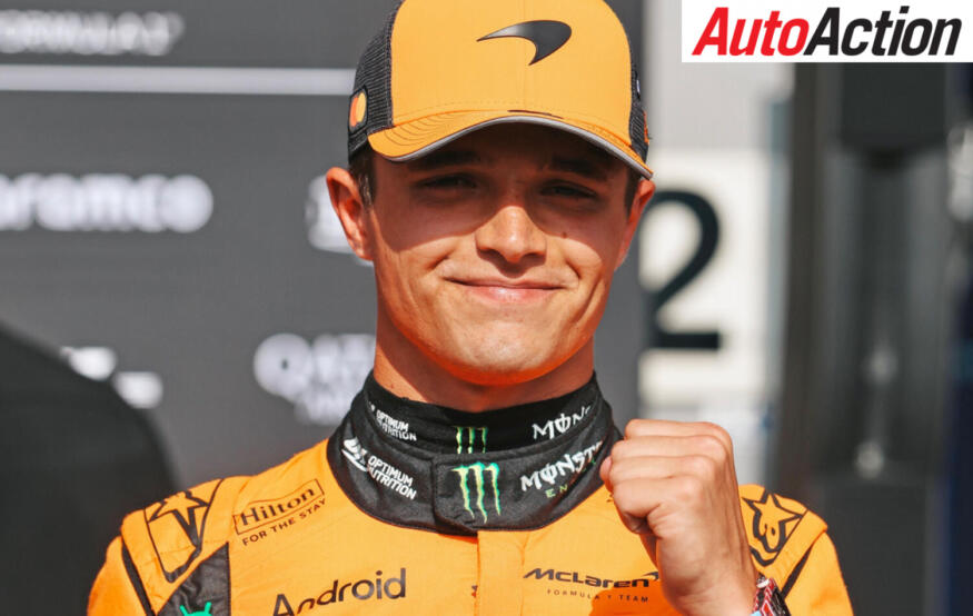 Lando Norris, McLaren, celebrates pole position in parc fermé after Qualifying at the 2025 F1 Belgian GP.
