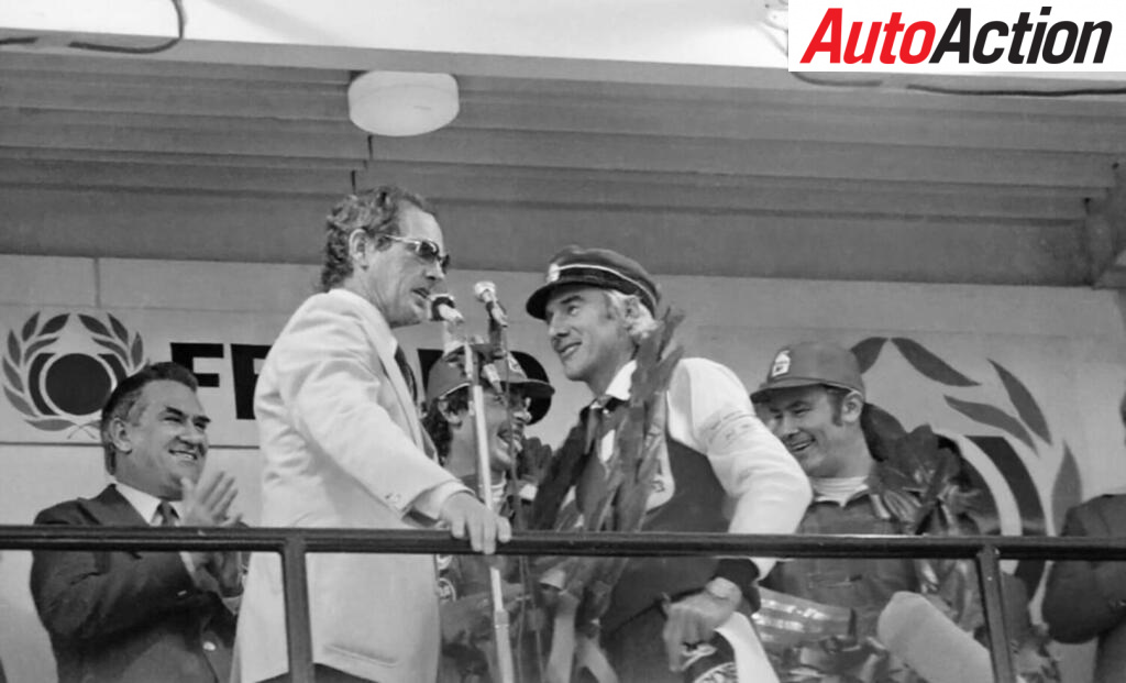 Bathurst Podium, John Sheppard talks with Channel Seven'sEvan Green after the dominant 1979 Bathurst win by Peter Brock and Jim Richards