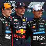 Pole position qualifier, Max Verstappen, Oracle Red Bull Racing, Oscar Piastri, McLaren, and Lando Norris, McLaren, after Qualifying at the 2025 F1 British Grand Prix.