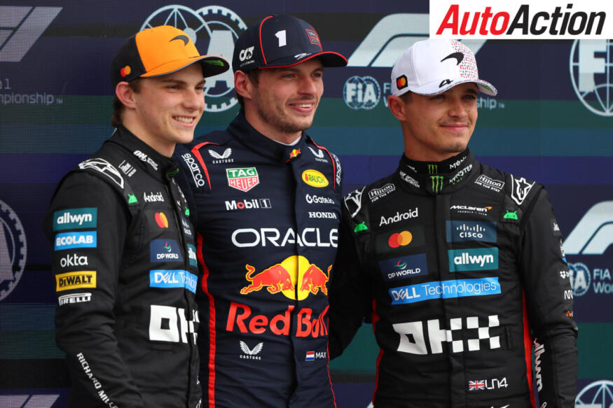 Pole position qualifier, Max Verstappen, Oracle Red Bull Racing, Oscar Piastri, McLaren, and Lando Norris, McLaren, after Qualifying at the 2025 F1 British Grand Prix.