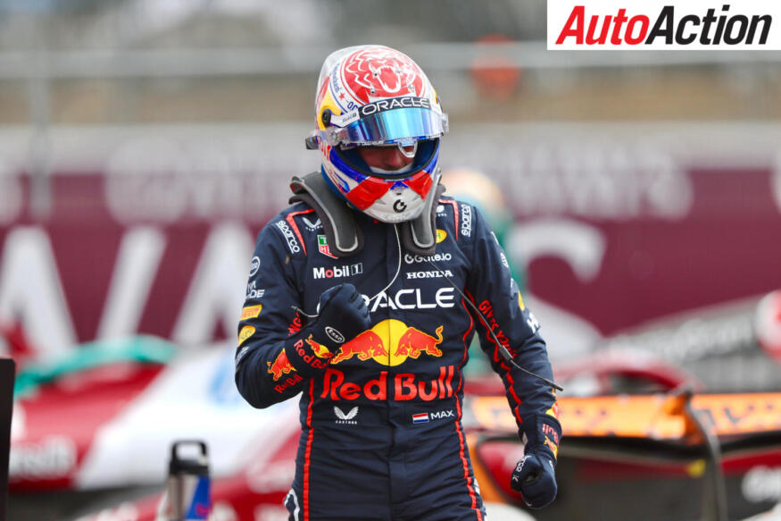Pole position qualifier Max Verstappen, Red Bull Racing, celebrates in parc ferme after Qualifying at the 2025 F1 British Grand Prix.