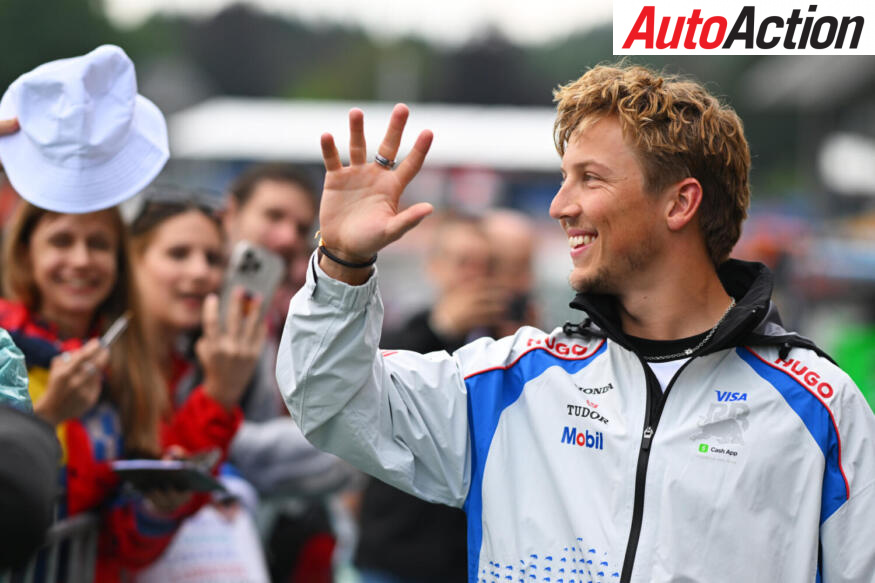 Liam Lawson, Visa Cash App Racing Bulls, waves at fans during previews ahead of the 2025 F1 Belgian Grand Prix.
