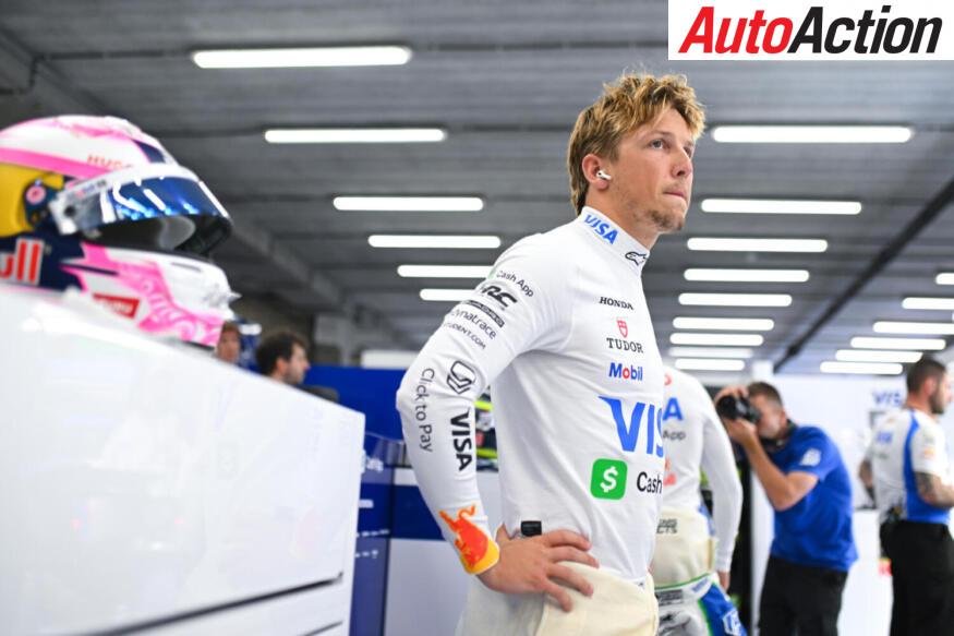 Liam Lawson, Visa Cash App Racing Bulls, looks on in the garage during Sprint Qualifying ahead of the 2025 F1 Belgian Grand Prix.