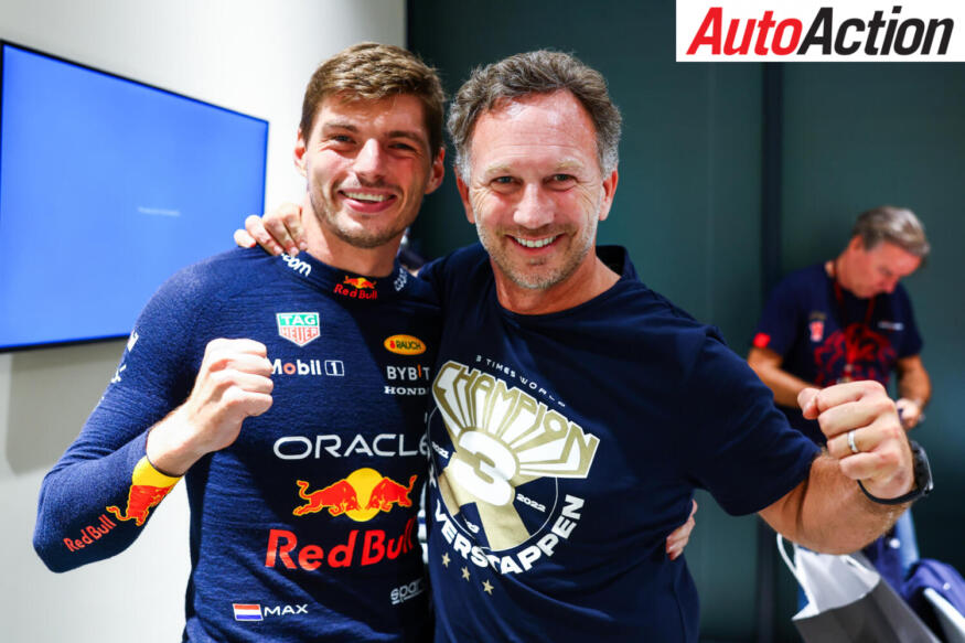 Max Verstappen and Christian Horner celebrate 2023 F1 title