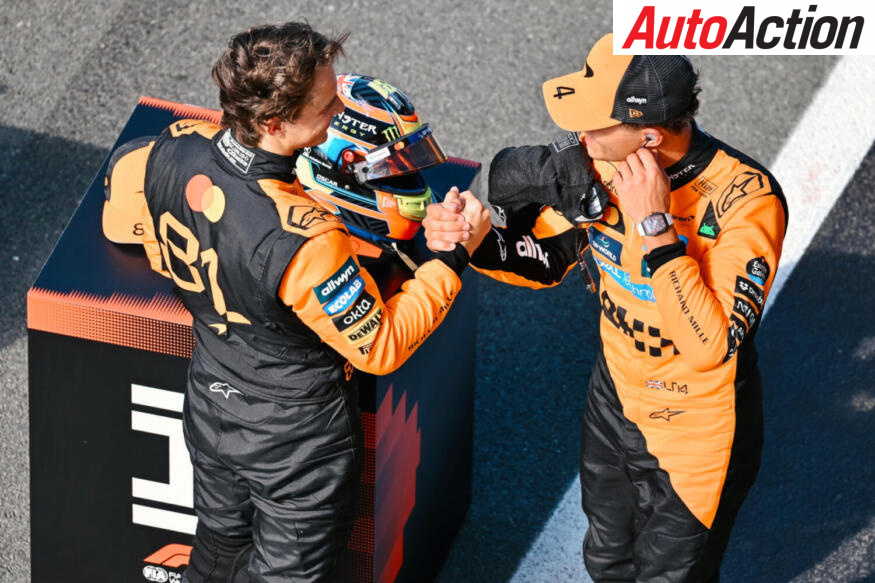 Oscar Piastri and Lando Norris, McLaren, congratulate each other after qualifying 1-2 at the 2025 F1 Dutch Grand Prix.
