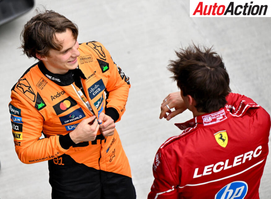Oscar Piastri, McLaren, and pole-sitter Charles Leclerc, Scuderia Ferrari, talk after Qualifying at the 2025 F1 Hungarian Grand Prix.