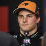 Oscar Piastri, McLaren, in the media pen after Qualifying at the 2025 F1 Azerbaijan Grand Prix.