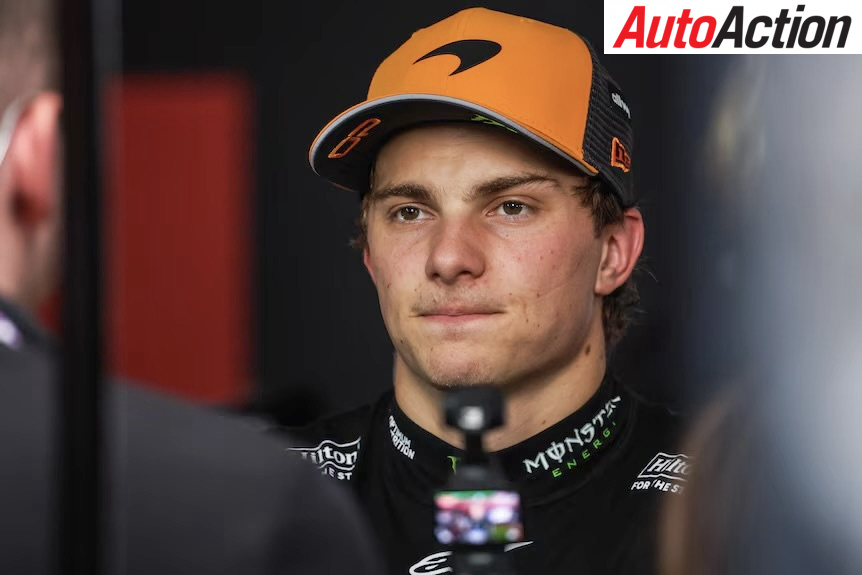 Oscar Piastri, McLaren, in the media pen after Qualifying at the 2025 F1 Azerbaijan Grand Prix.