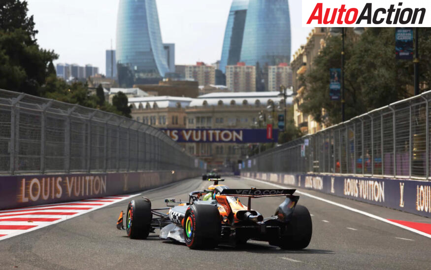 Lando Norris, McLaren, driving on track during FP1 at the 2025 F1 Azerbaijan Grand Prix.