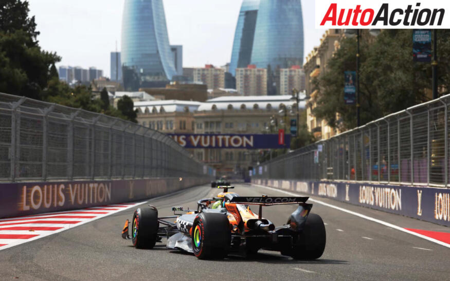 Lando Norris, McLaren, driving on track during FP1 at the 2025 F1 Azerbaijan Grand Prix.