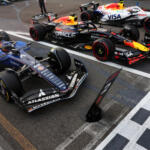 Pole position qualifier Max Verstappen, Red Bull Racing, Second placed qualifier Carlos Sainz, Williams, and Third placed qualifier Liam Lawson, Visa Cash App Racing Bulls, arrive in parc ferme after Qualifying at the 2025 F1 Azerbaijan Grand Prix.