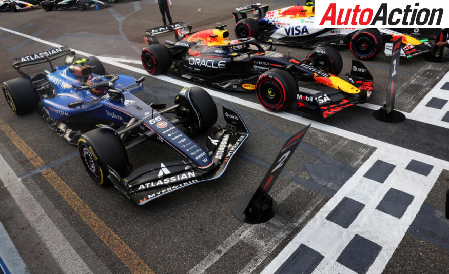 Pole position qualifier Max Verstappen, Red Bull Racing, Second placed qualifier Carlos Sainz, Williams, and Third placed qualifier Liam Lawson, Visa Cash App Racing Bulls, arrive in parc ferme after Qualifying at the 2025 F1 Azerbaijan Grand Prix.